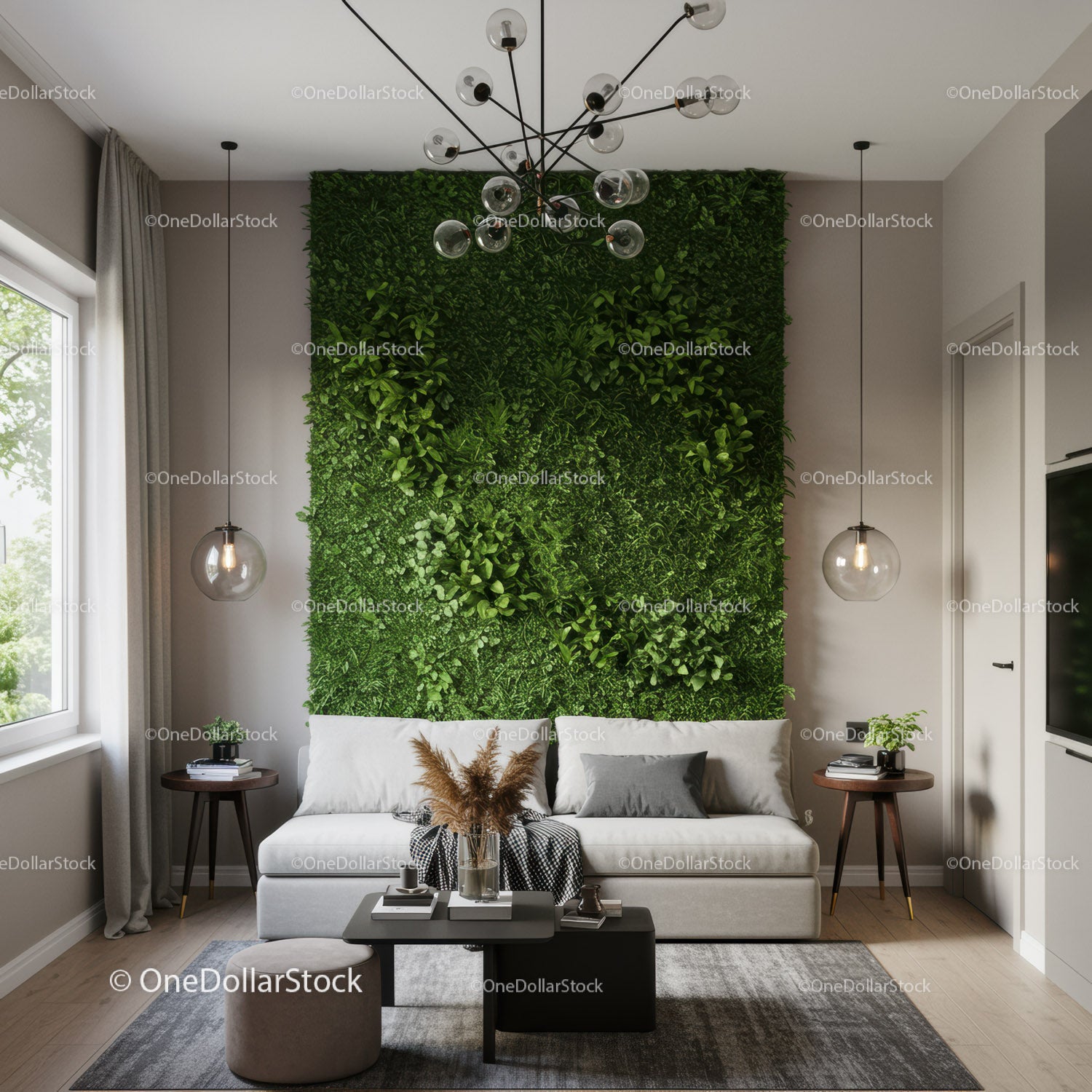 Modern Living Room with Green Plant Wall and Stylish Decor