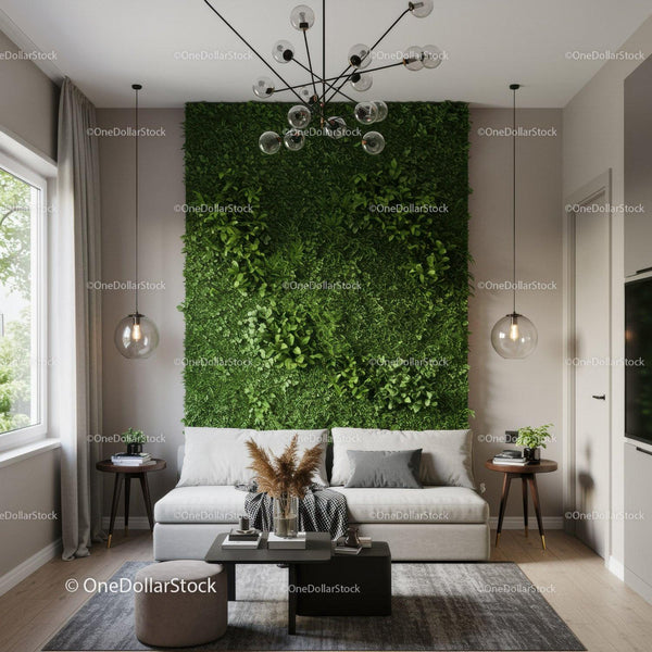 Nowoczesny salon z zieloną ścianą roślinną i stylową dekoracją