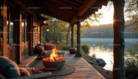 Lakeside Cabin with Fire Pit and Sunset Over Calm Waters