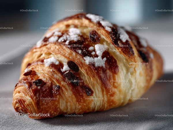 Croissant z kawałkami czekolady, warstwami listkowymi i cukrem pudrem