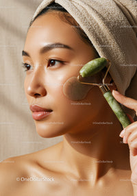 Asian Woman Using Jade Roller for Facial Skincare and Relaxation