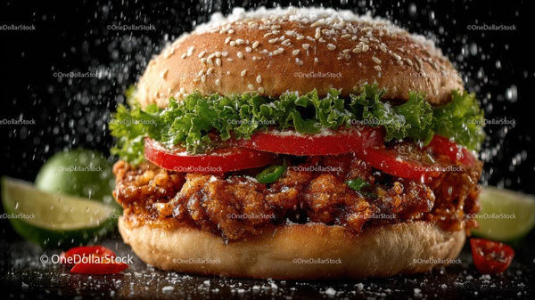 Crusty Fried Chicken Sandwich with Fresh Vegetables and Spicy Sauce