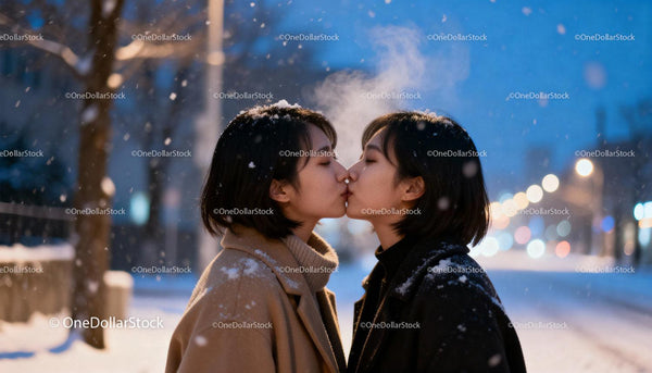 Couple sharing a tender kiss on snowy winter evening