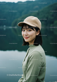Young Woman in Green Dress Wearing Beige Cap Near Lake Landscape