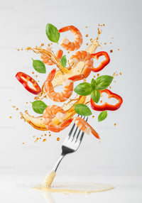 Fresh shrimp salad ingredients flying with fork