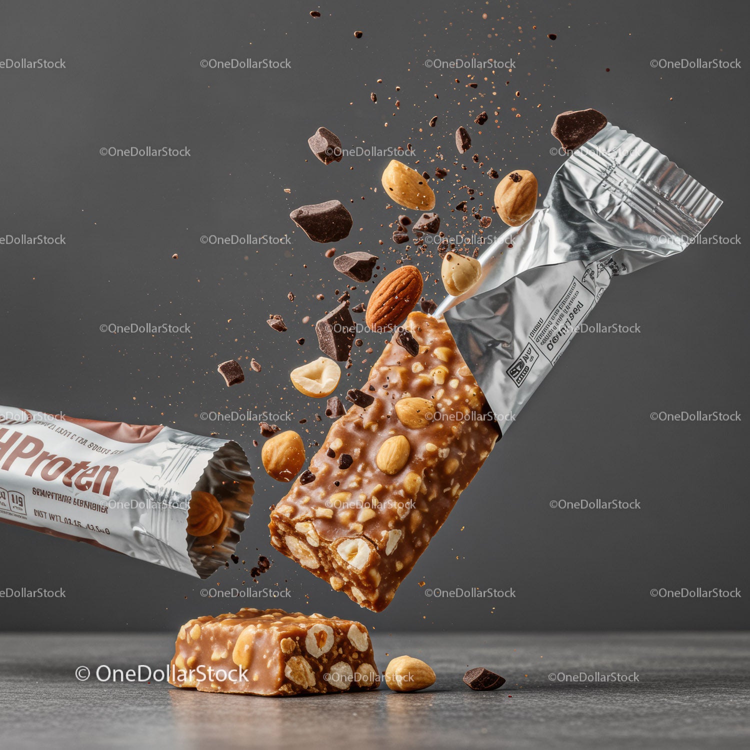 Protein bar with nuts and chocolate bursting out