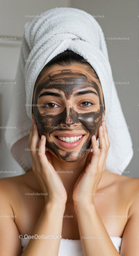 Woman with Black Clay Facial Mask in Spa Setting