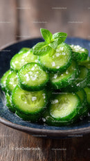 Fresh Green Cucumber Slices with Ice Crystals on Rustic Wooden Surface