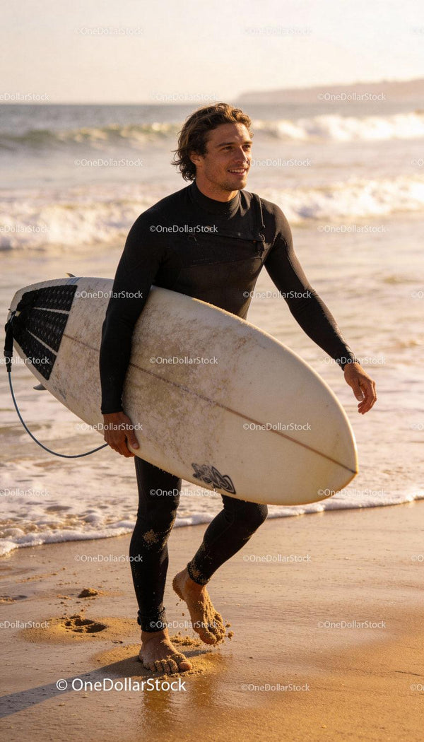 Smiling surfer walking on sandy beach at golden hour