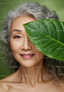 Elegant Elderly Woman with Green Leaf and Water Droplets in Natural Setting