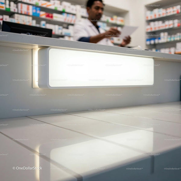 Pharmacist working behind counter in modern pharmacy JPG Mockup Image