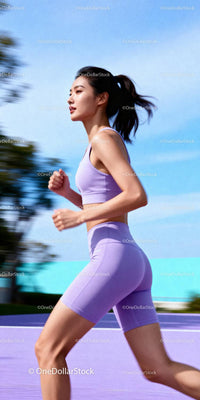 Focused young woman running outdoors in purple activewear