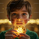 Curious boy holding glowing cookie with warm background