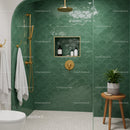 Modern bathroom shower with green fish scale tiles