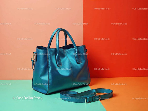 Blue Leather Handbag with matching belt on colorful background JPG Mockup Image