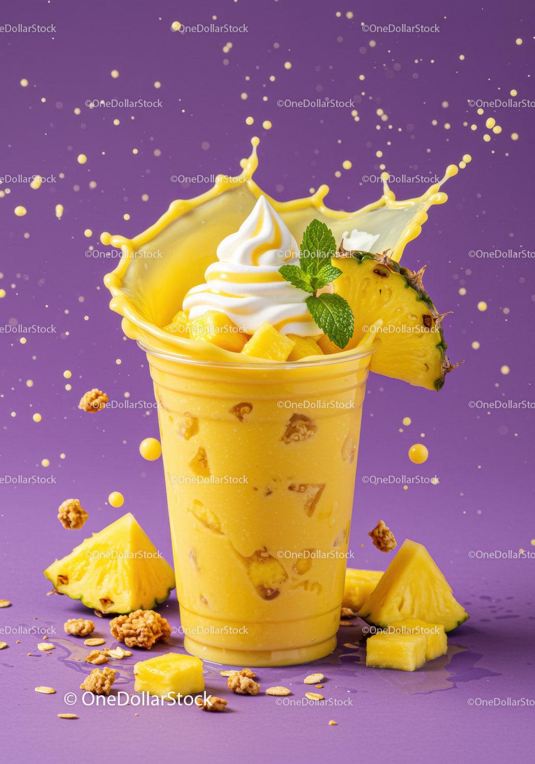 Refreshing pineapple smoothie with cream and mint splash