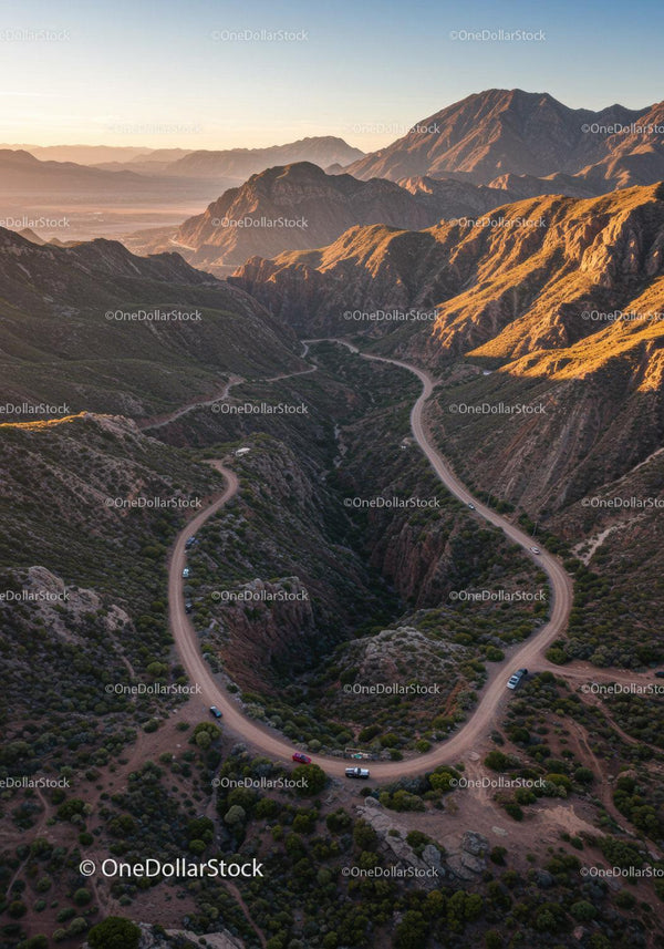 Scenic Mountain Landscape with Winding Road and Rugged Hills