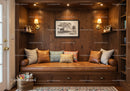 Rustic Cozy Living Room with Wooden Wall Paneling and Leather Sofa