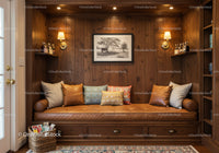 Rustic Cozy Living Room with Wooden Wall Paneling and Leather Sofa