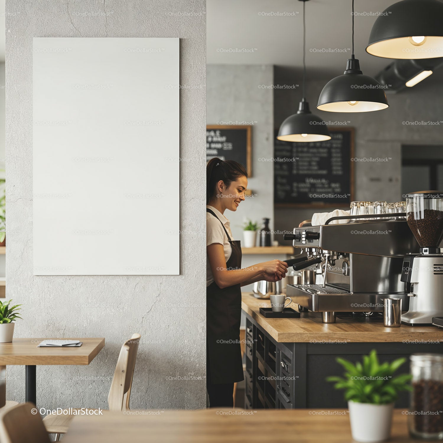 Barista preparing coffee in modern cafe interior