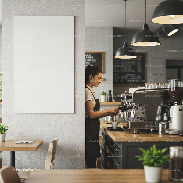 Barista preparing coffee in modern cafe interior JPG Mockup Image