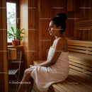 Young Woman Relaxing in Sauna with Wooden Interior and Natural Light
