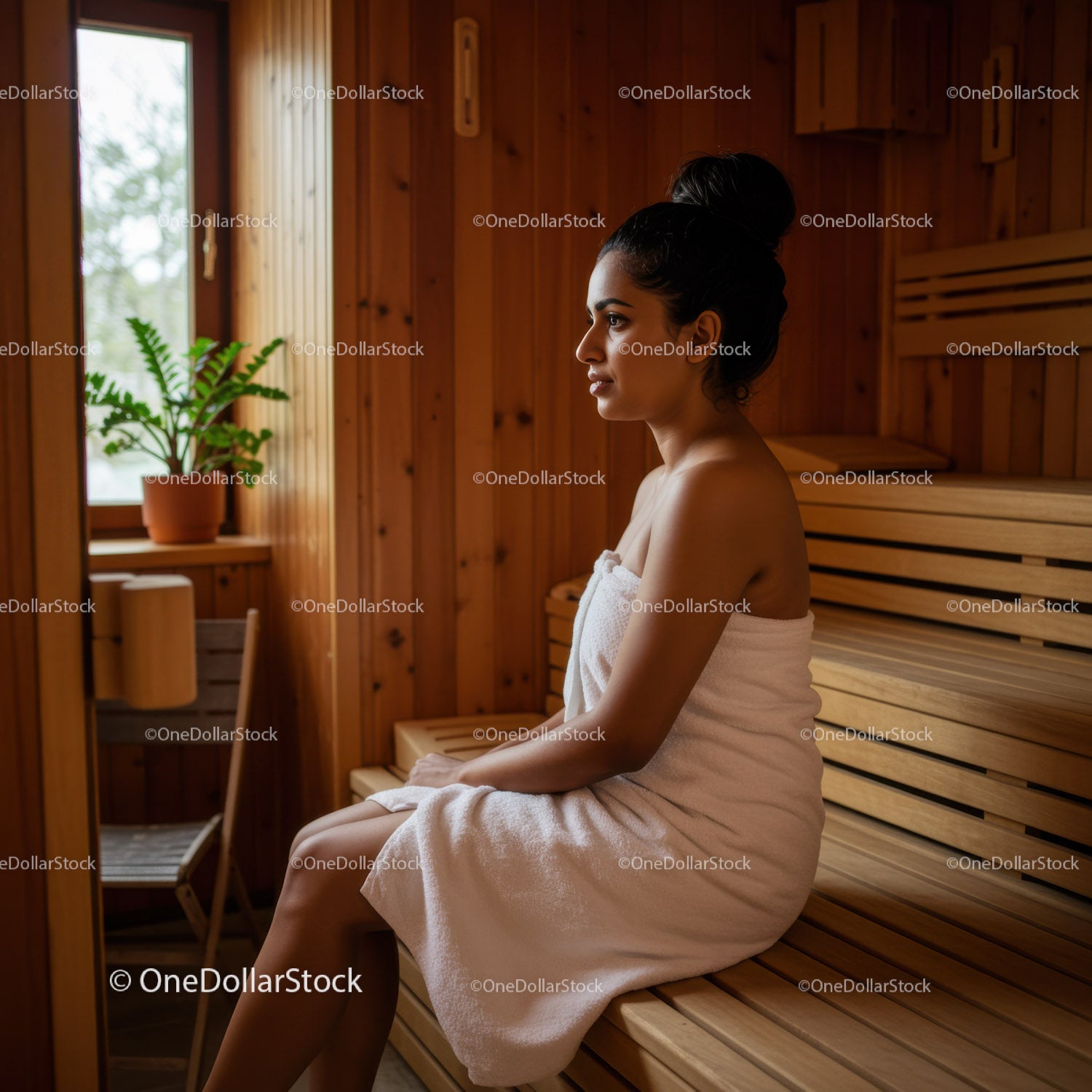 Young Woman Relaxing in Sauna with Wooden Interior and Natural Light