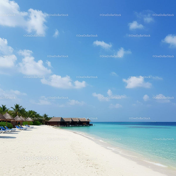Tropical Beach with Overwater Bungalows and Clear Turquoise Water