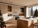 Modern kitchen with holiday decor and winter view