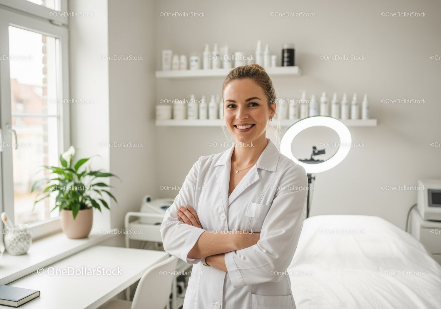 Pewna siebie lekarka w białym fartuchu w nowoczesnej klinice medycznej