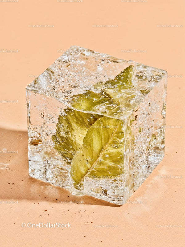 Fresh green leaves frozen inside a clear ice cube