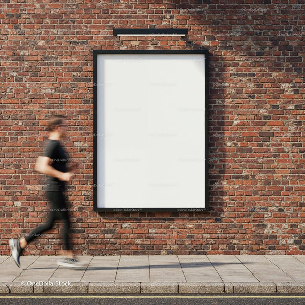 Runner Passing by Blank Urban Brick Wall Poster JPG Mockup Image