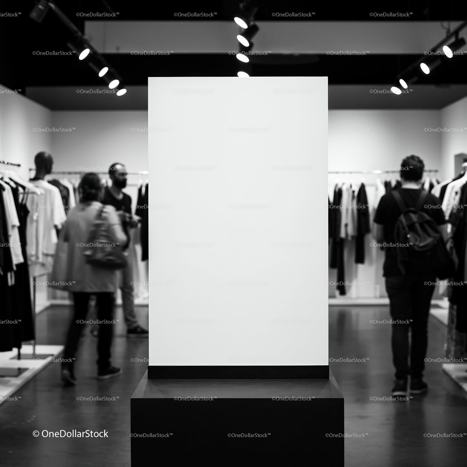 Minimalistyczne wnętrze galerii mody z nowoczesnym oświetleniem
