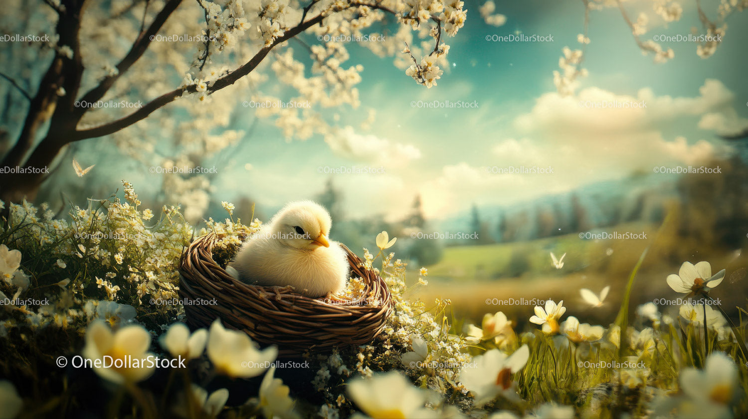 Cute Baby Duckling Resting in a Flowering Spring Garden