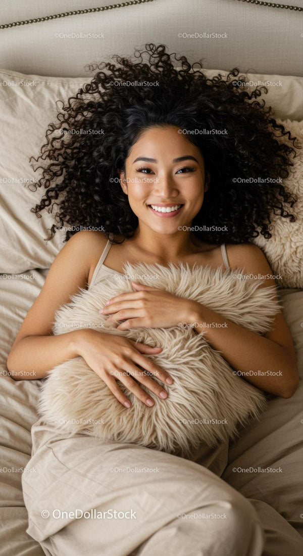 Smiling woman relaxing in bed with cozy pillow