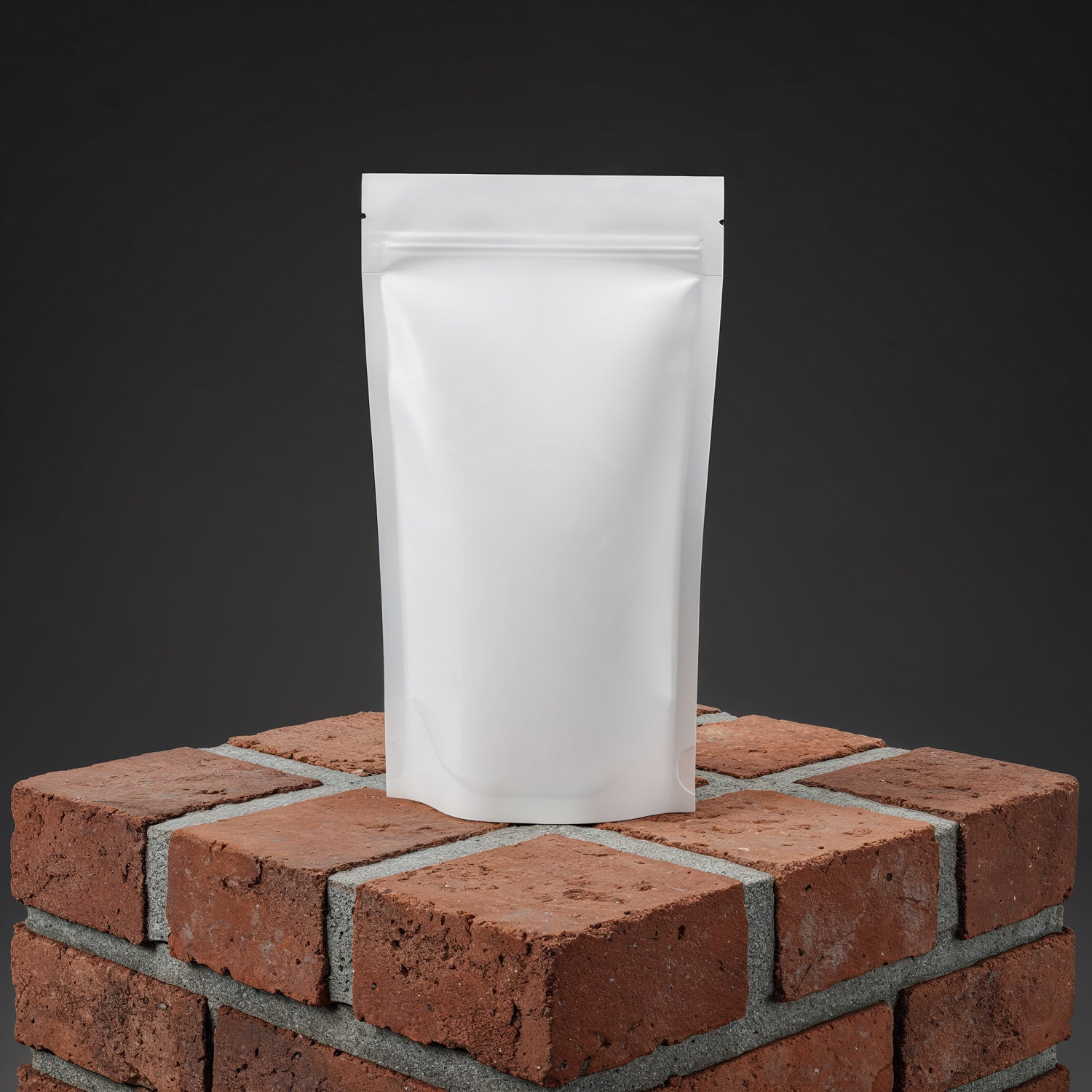 Minimalist white pouch on textured brick pedestal