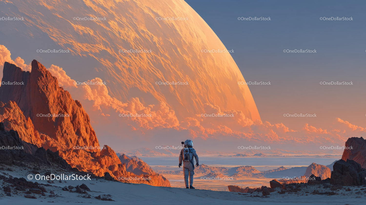 Astronaut Exploring a Surreal Alien Landscape with a Giant Orange Planet