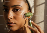 Woman Receiving Facial Massage with Jade Roller Highlighting Clear Skin