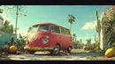 Vintage Red Volkswagen Van in Desert Landscape Surrounded by Cacti and Palm Trees
