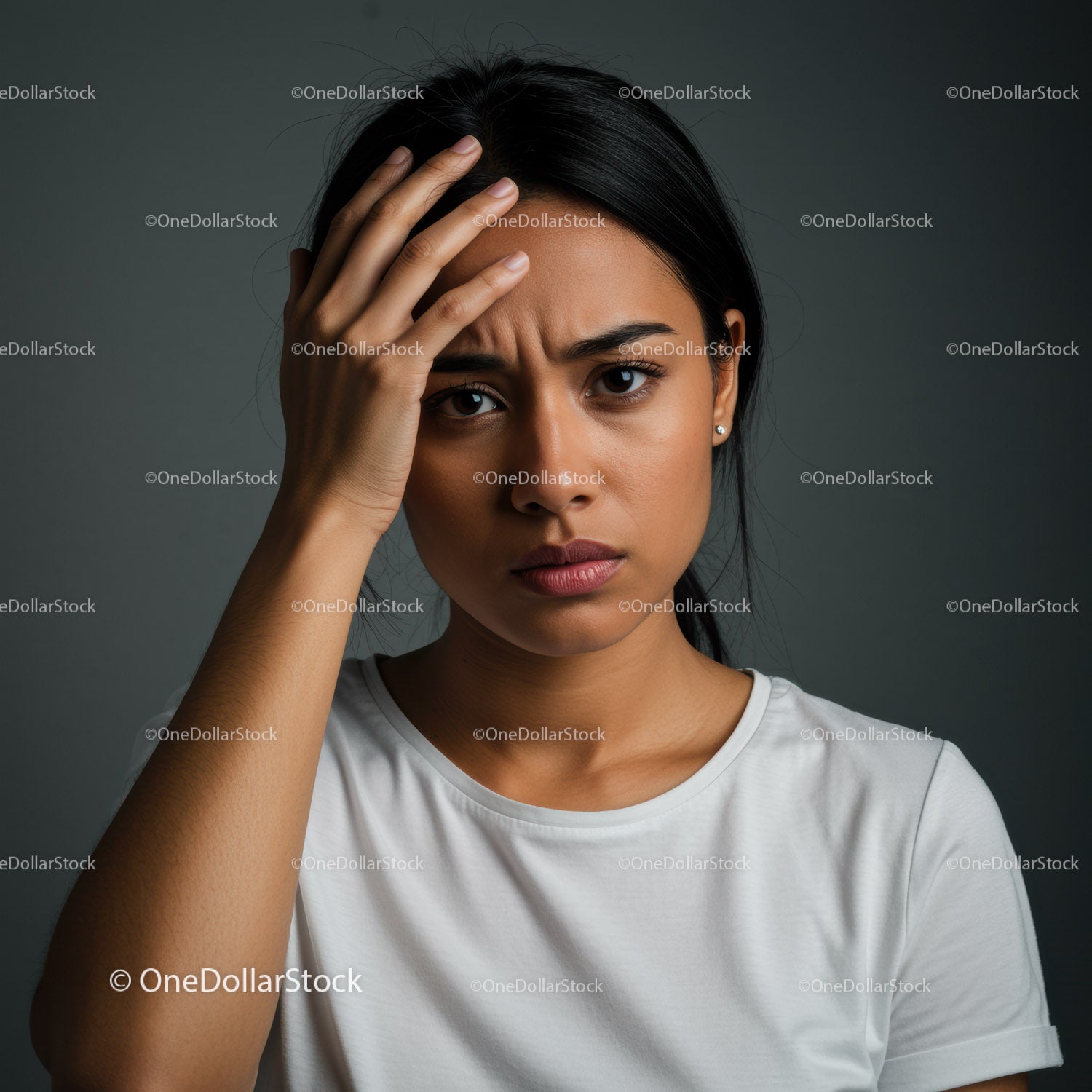 Confused Woman Touching Her Forehead Expressing Stress and Anxiety