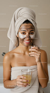 Young Woman Relaxing with Facial Mask and Towel Wrapped Hair