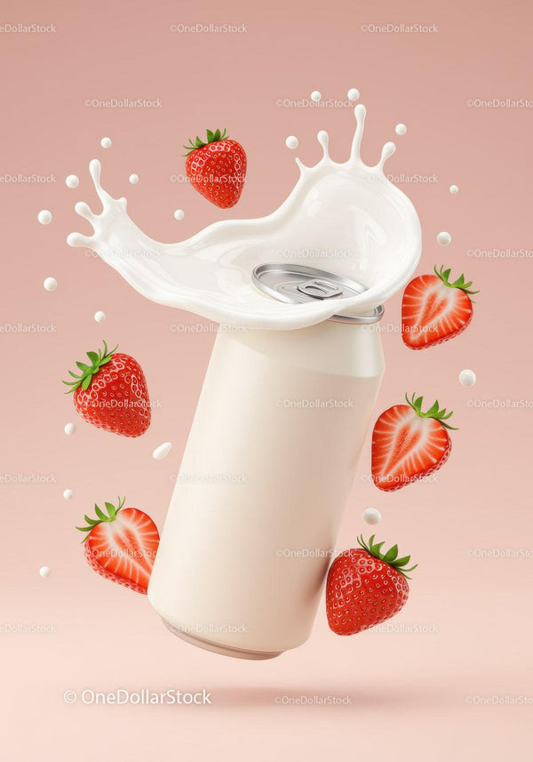 Orzeźwiający kremowy rozbryzg truskawkowy wokół puszki napoju