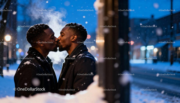 LGBTQ Couple Sharing a Kiss on a Snowy Winter Night