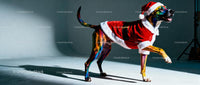 Colorful dog dressed in festive Santa outfit indoors