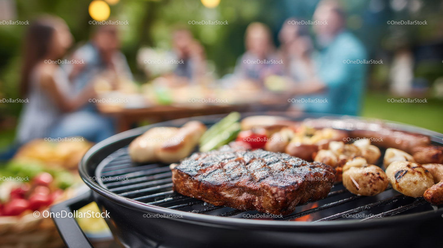 Close Up of Grilled Meat and Sausages with Vegetables at Outdoor Barbecue