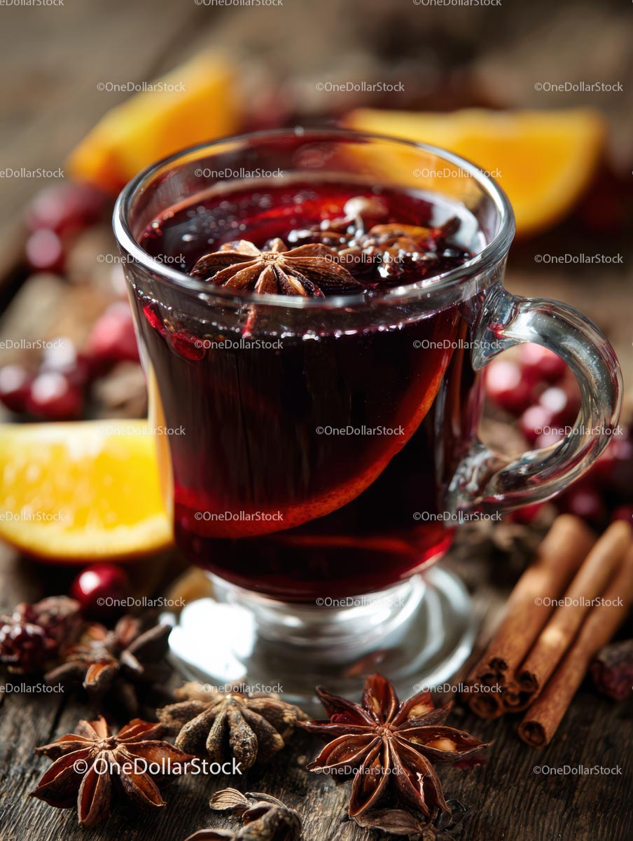 Delicious Mulled Wine with Citrus and Spices in a Glass Mug
