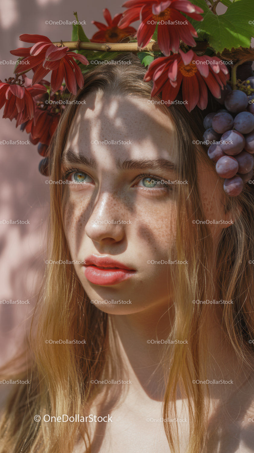 Young Woman with Red Floral Crown and Purple Grapes Outdoor Portrait