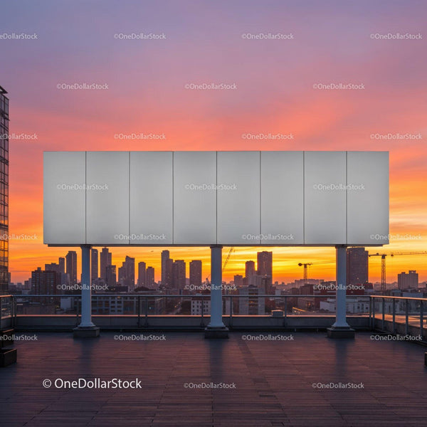 Urban Rooftop Terrace with City Skyline Sunset View JPG Mockup Image