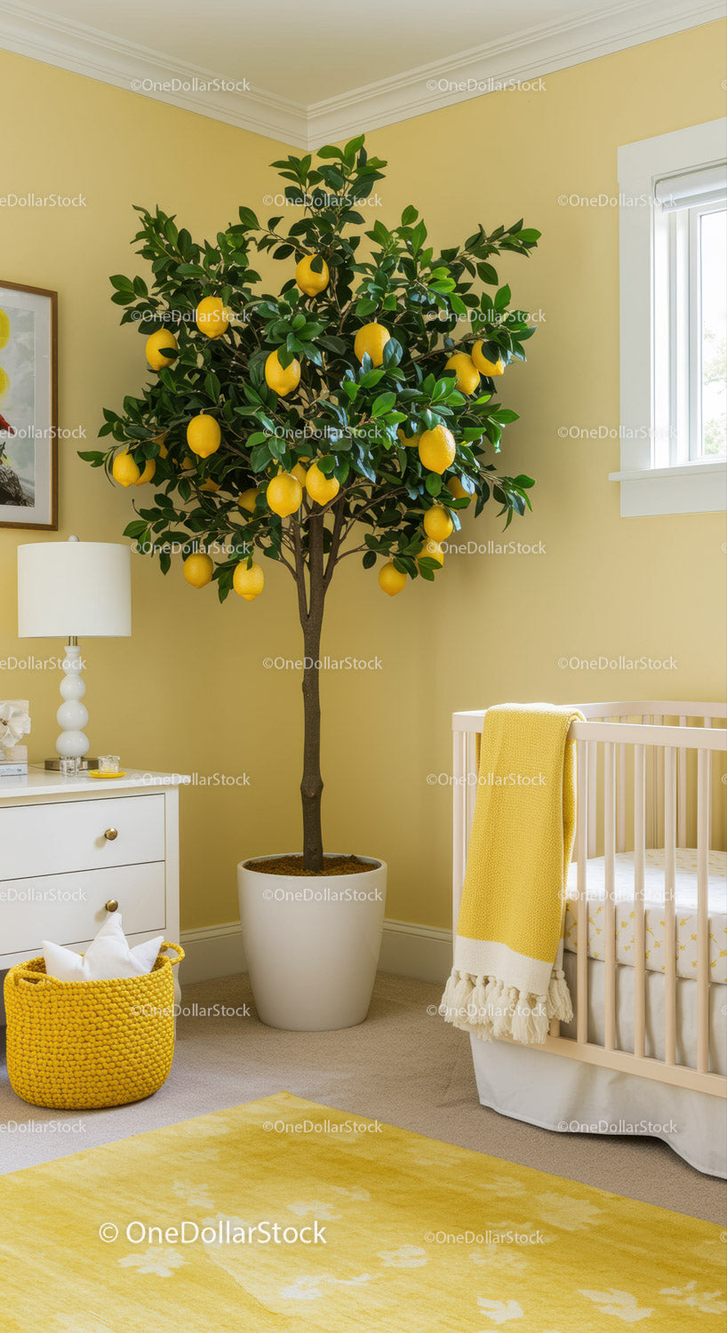 Lemon Tree Indoor Plant in Bright Home with Yellow Decor