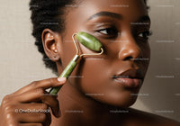 African Woman Using Jade Roller for Facial Skincare and Wellness